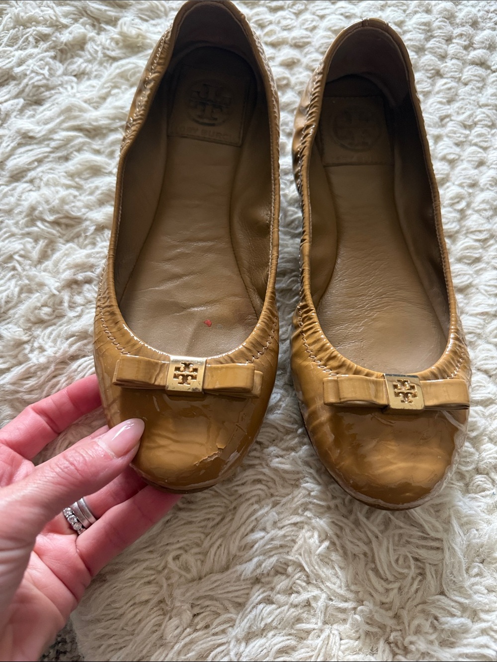 Tory Burch Camel Patent Leather Bow Ballet Flats